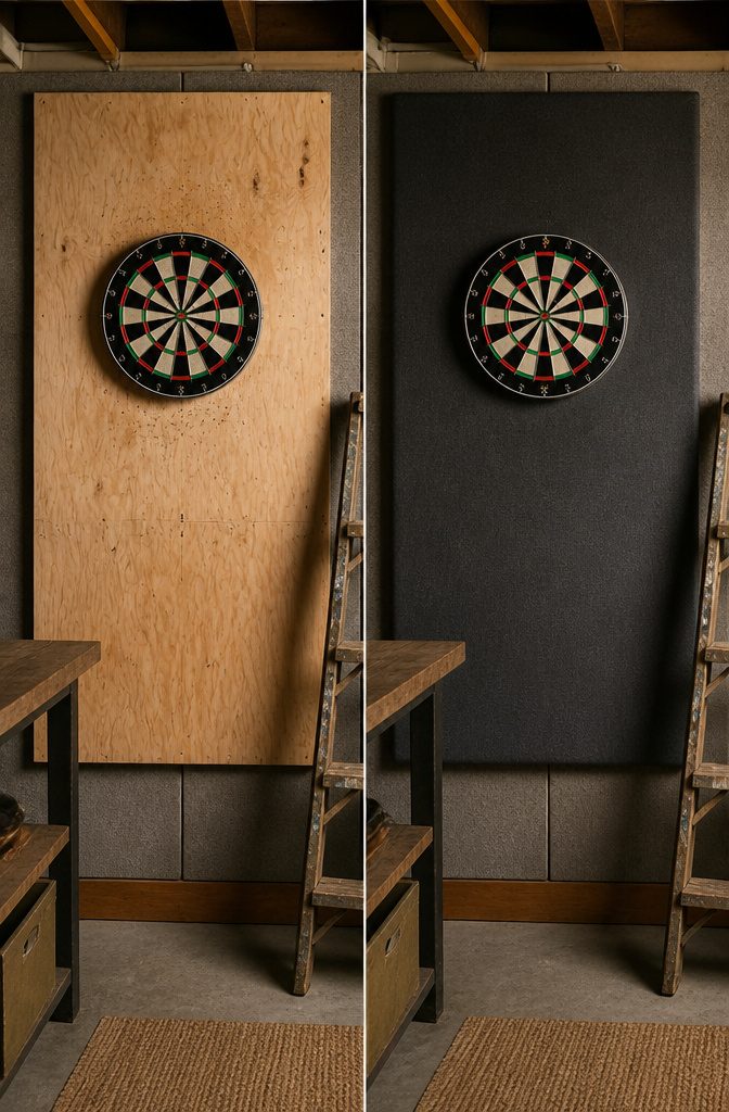 How to DIY Dart Board Setup: A 5-Step Guide to Building Your Game Room 3 A large backboard made of plywood and acoustic tiles behind a dartboard.