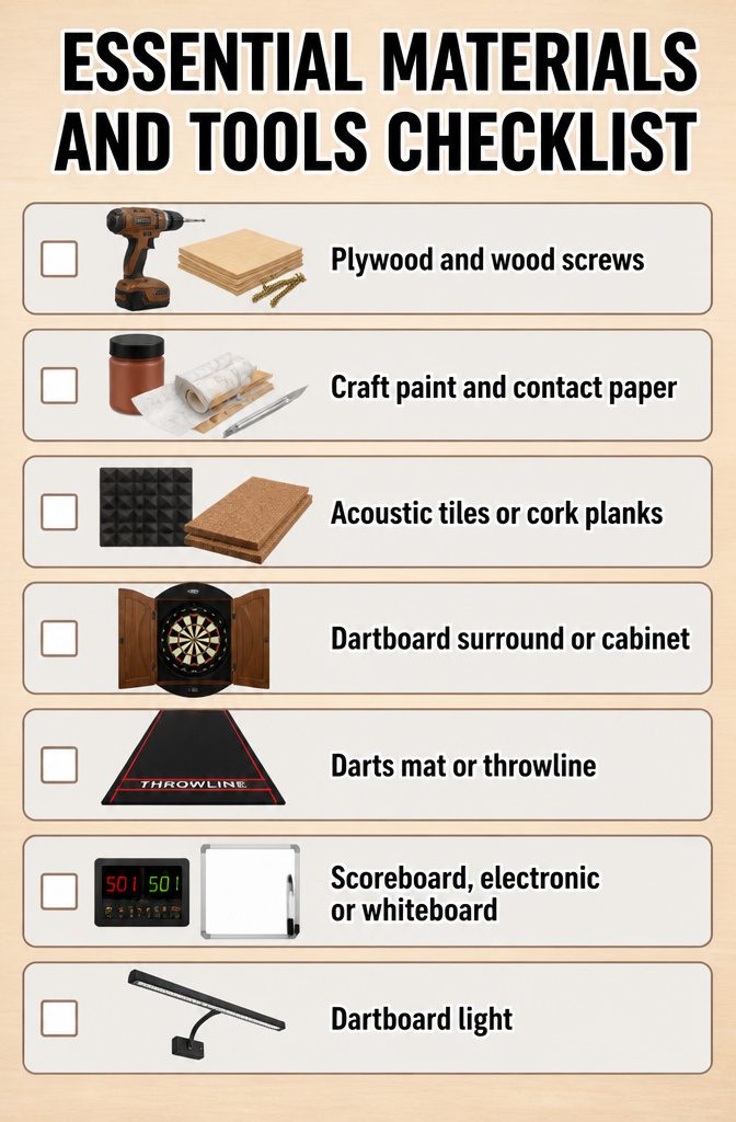 How to DIY Dart Board Setup: A 5-Step Guide to Building Your Game Room 6 A checklist of materials and tools for building a dartboard setup.