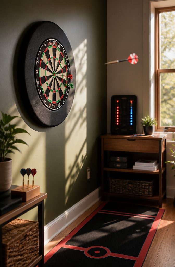 How to DIY Dart Board Setup: A 5-Step Guide to Building Your Game Room 8 A dartboard surrounded by a mat and protective accessories in a game nook.