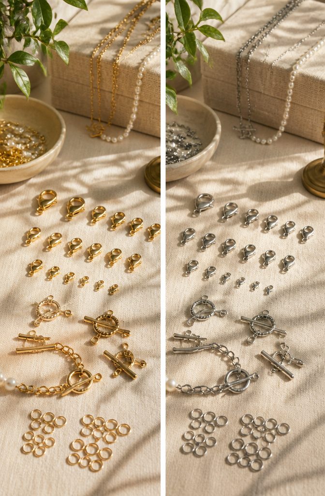 How to Build Your DIY Jewelry Essentials Kit: 9 Core Items 5 Lobster clasps and toggle clasps displayed on a flat surface.