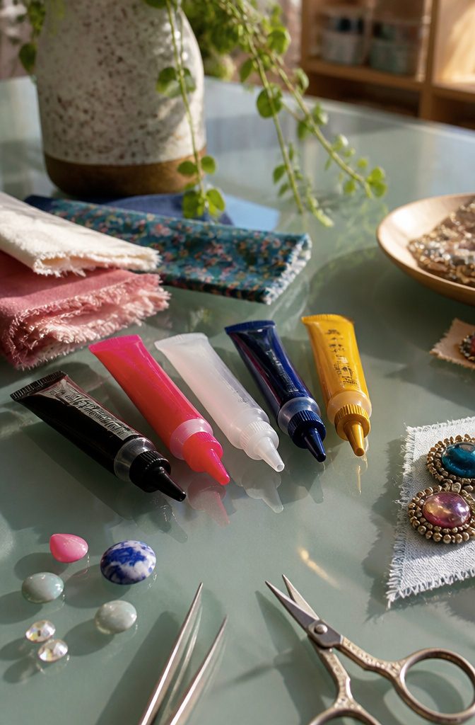 How to Build Your DIY Jewelry Essentials Kit: 9 Core Items 8 Jewelry glue tubes positioned next to fabric and cabochons.