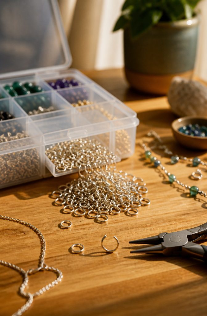 How to Build Your DIY Jewelry Essentials Kit: 9 Core Items 4 Open jump rings spilling from an organized tackle box.