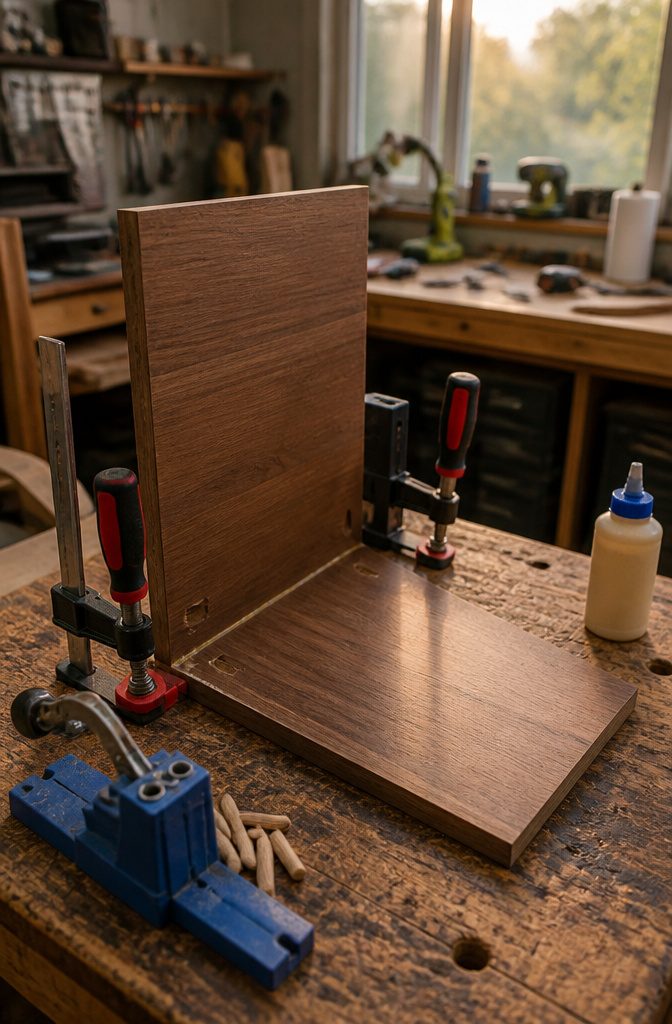 How to Make a DIY Jewelry Holder: 5 Styles from Wood to Fabric 3 Two glued plywood pieces clamped together on a workbench.