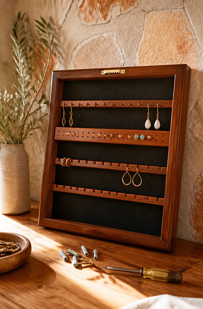 How to Make a DIY Jewelry Holder: 5 Styles from Wood to Fabric 6 Sawtooth hanger being attached to a finished jewelry holder.