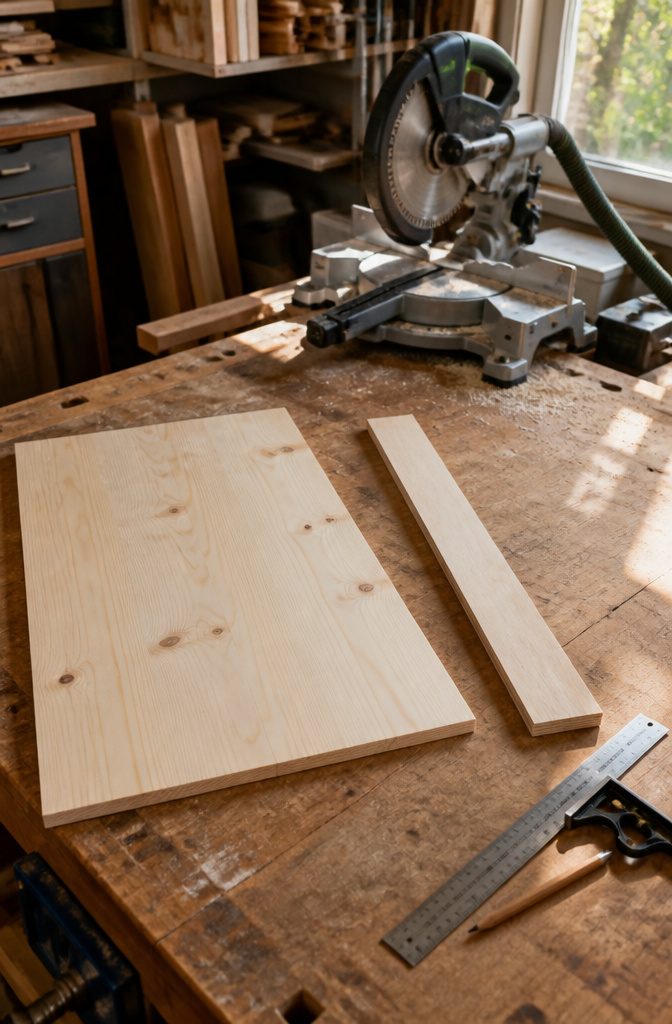 How to Make a DIY Jewelry Holder: 5 Styles from Wood to Fabric 2 A cut panel of light-colored pine resting on a workbench.