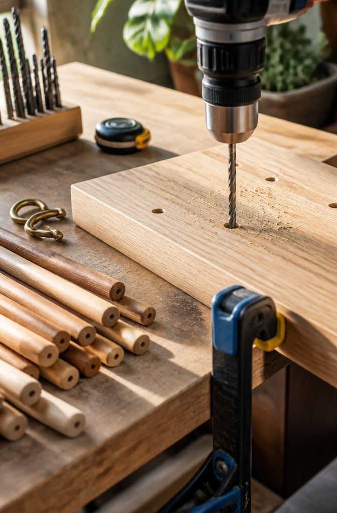 How to Make a DIY Jewelry Holder: 5 Styles from Wood to Fabric 4 A drill bit penetrating a wooden panel clamped to a workbench.