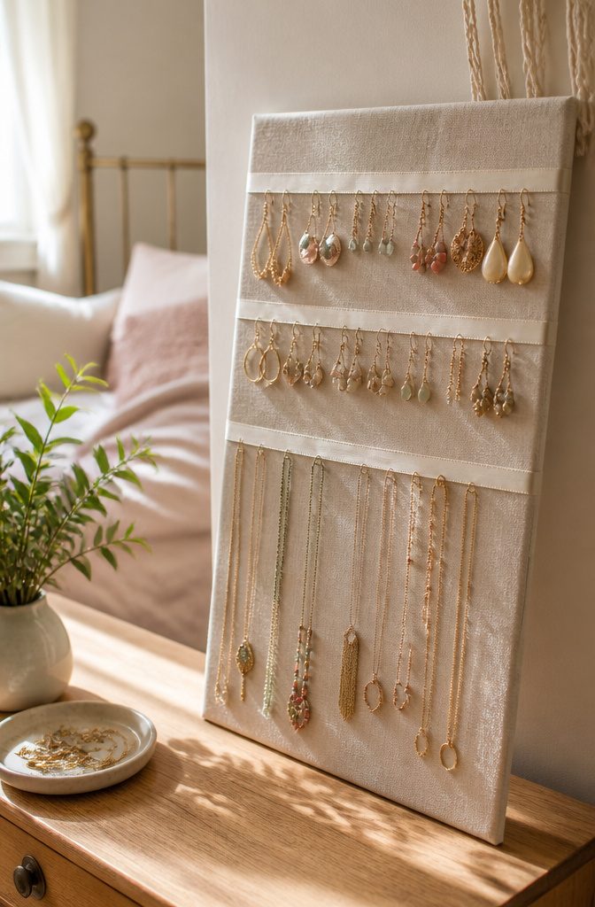 How to Make a DIY Jewelry Holder: 5 Styles from Wood to Fabric 11 Earrings and necklaces on a fabric-covered board with ribbon rows.