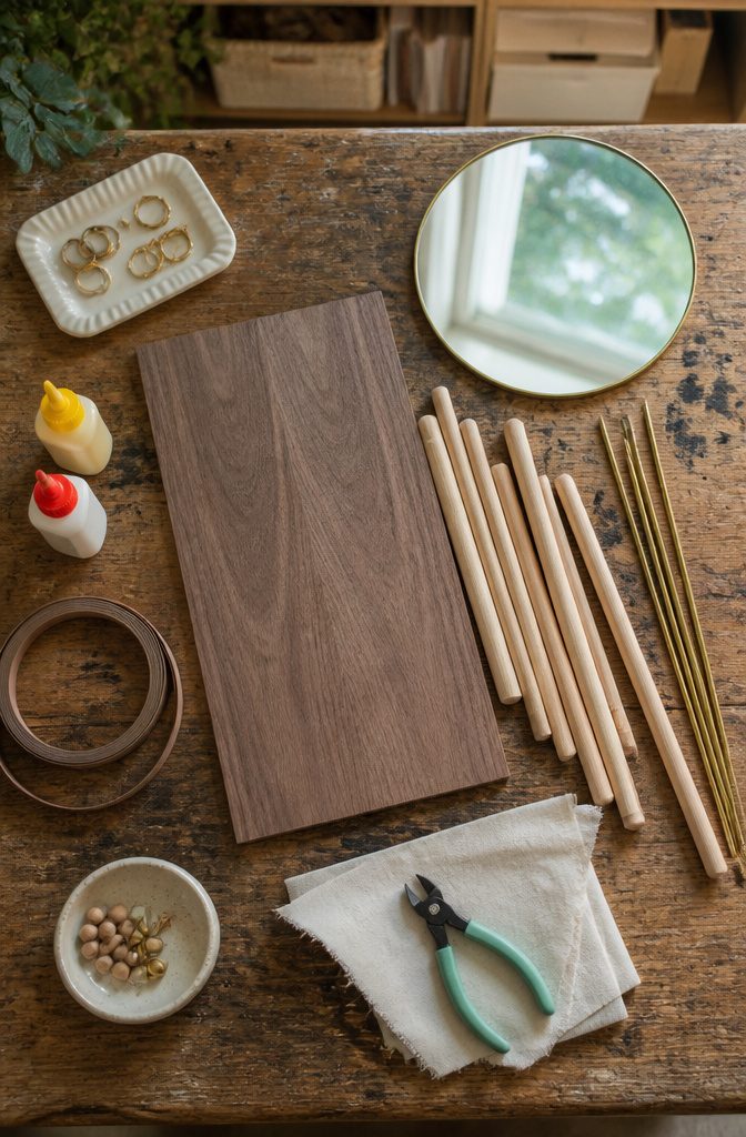 How to Make a DIY Jewelry Holder: 5 Styles from Wood to Fabric 1 Various materials for making a DIY jewelry holder, including wood and dowels.