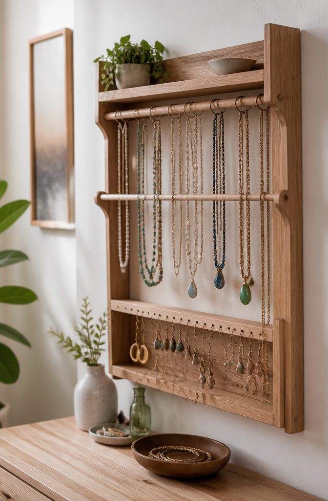 How to Make a DIY Jewelry Holder: 5 Styles from Wood to Fabric 7 Necklaces and earrings organized on a jewelry holder.