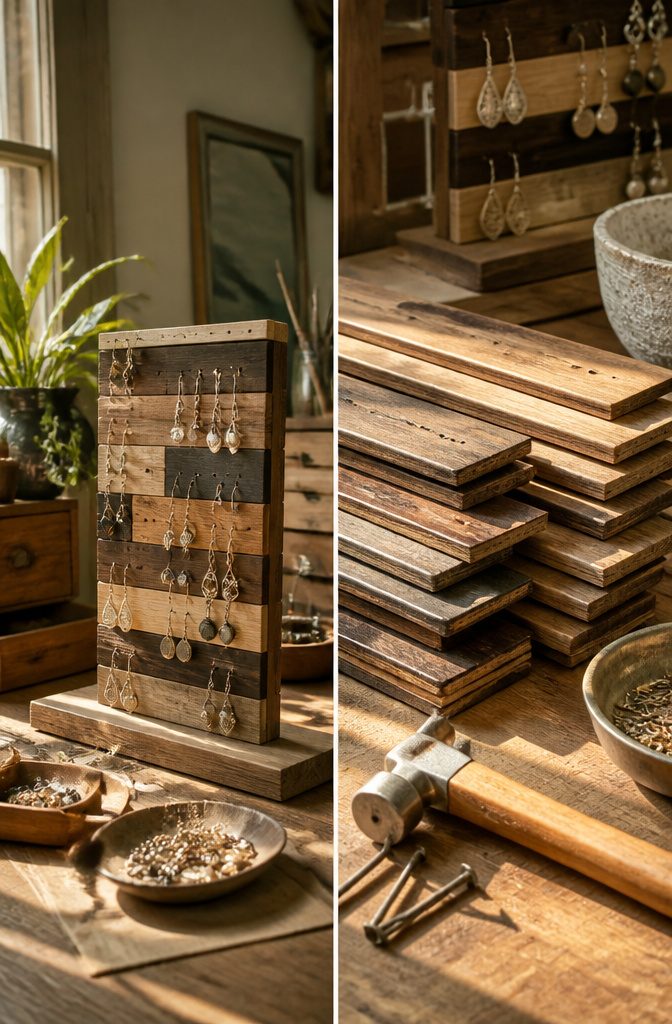How to Make a DIY Jewelry Holder: 5 Styles from Wood to Fabric 14 A patchwork backing made from wood floor samples for earrings.