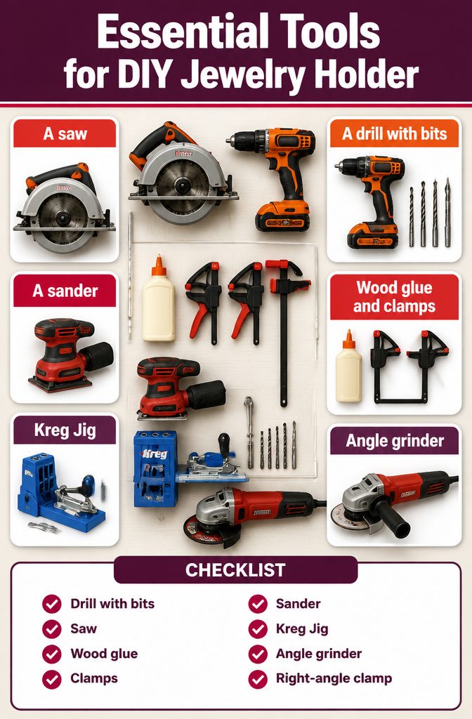 How to Make a DIY Jewelry Holder: 5 Styles from Wood to Fabric 12 Tools including a drill, saw, and clamps for making jewelry holders.