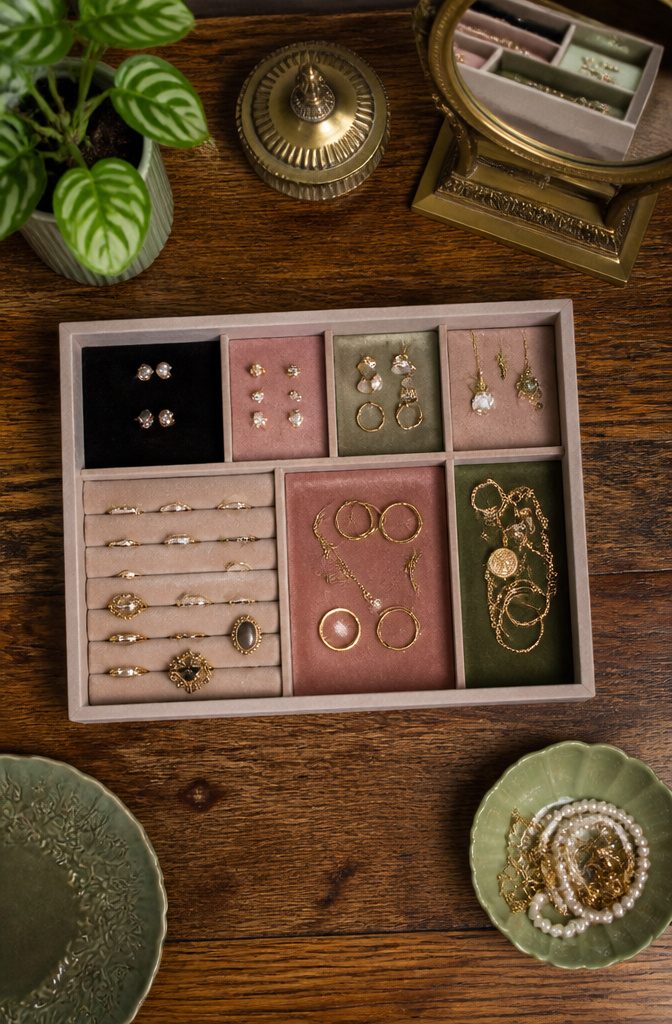 How to Make a DIY Jewelry Holder: 5 Styles from Wood to Fabric 10 A flat tray organizer with compartments for rings and earrings.