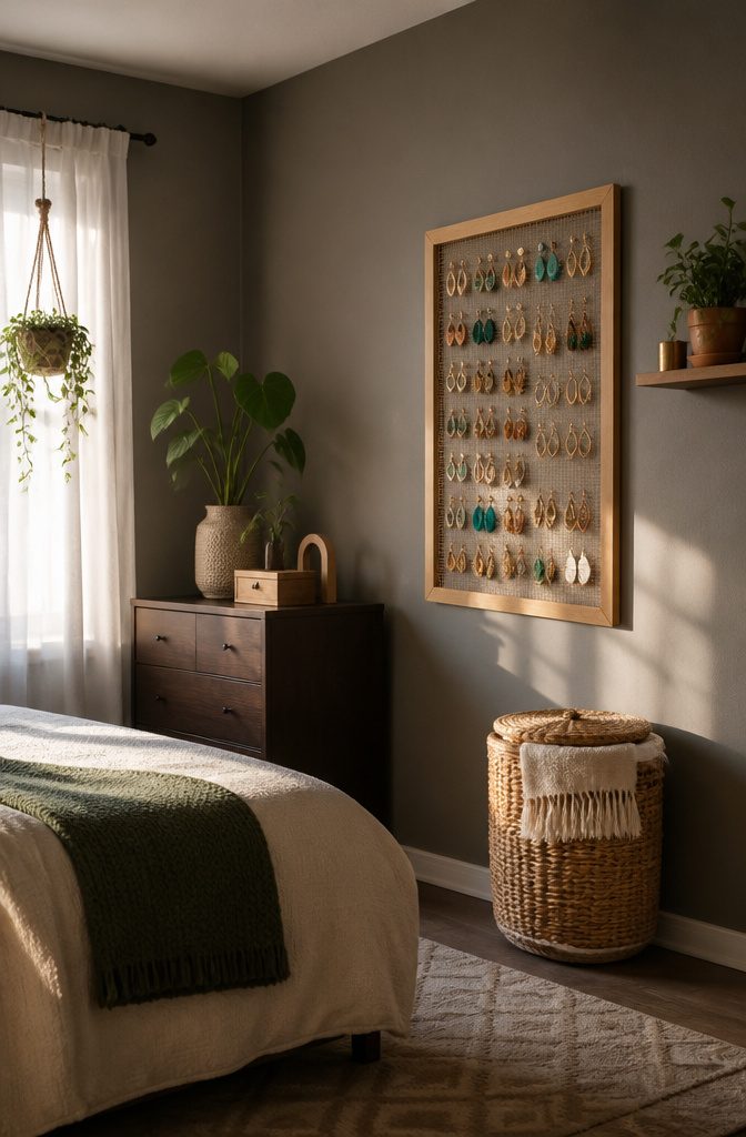How to Make a DIY Jewelry Holder: 5 Styles from Wood to Fabric 9 Earrings displayed on a mesh-backed wall-mounted organizer.