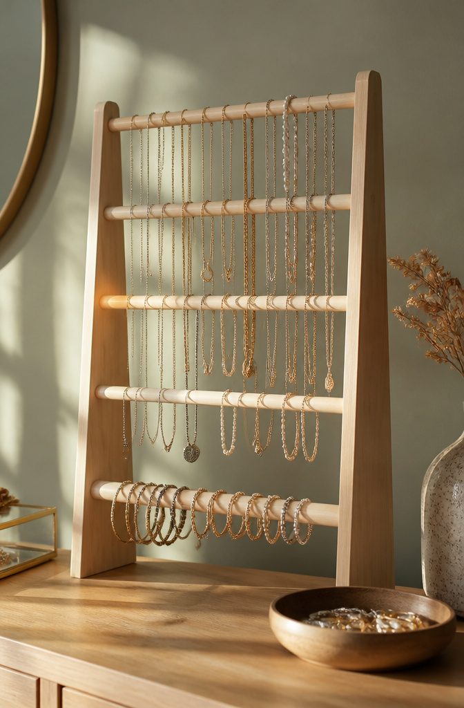 How to Make a DIY Jewelry Holder: 5 Styles from Wood to Fabric 8 Necklaces and bracelets draped over horizontal wooden dowels.