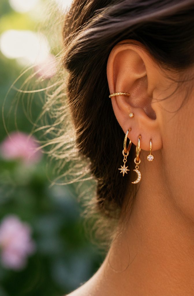 Ear Jewelry Mapping: A Plain Guide to Placement and Style 8 Charm hoops with removable elements displayed on an ear.