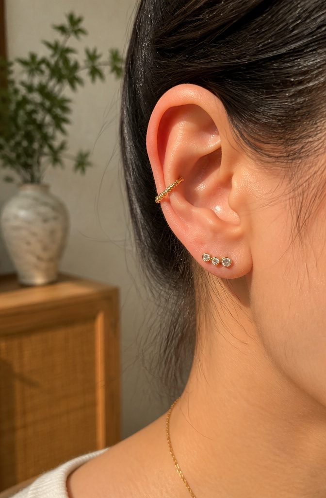 Ear Jewelry Mapping: A Plain Guide to Placement and Style 9 An ear cuff gripping the upper cartilage of an ear.