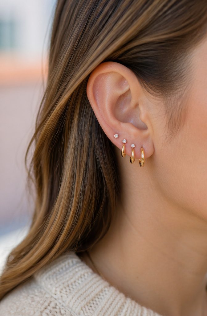 Ear Jewelry Mapping: A Plain Guide to Placement and Style 7 A stack of huggie earrings positioned closely against an ear.