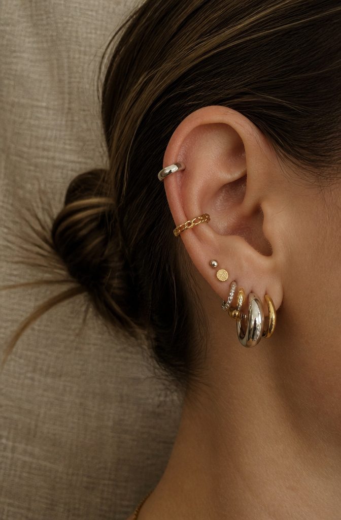 Ear Jewelry Mapping: A Plain Guide to Placement and Style 3 A layered ear stack with silver and gold pieces blended together.