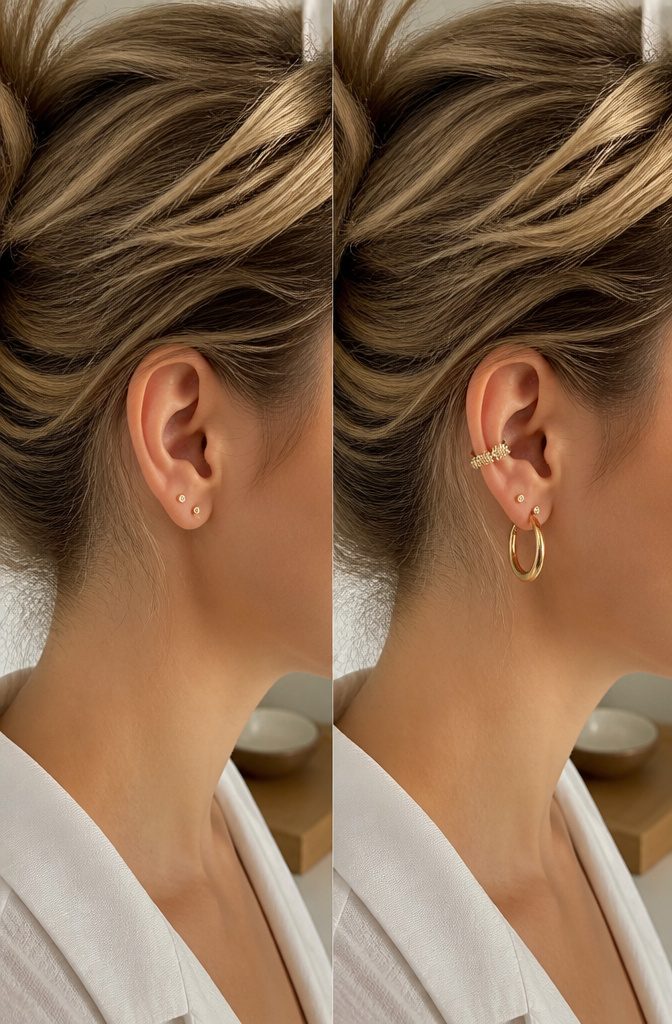 Ear Jewelry Mapping: A Plain Guide to Placement and Style 10 An ear with both minimalist studs and bold statement pieces.