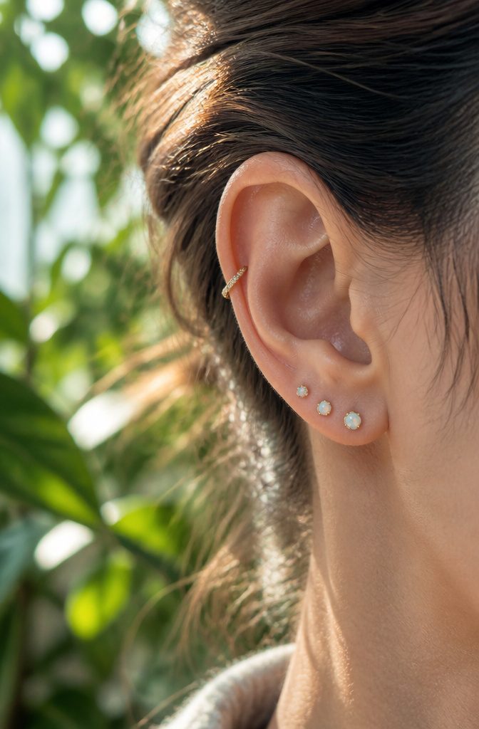 Ear Jewelry Mapping: A Plain Guide to Placement and Style 2 A narrow ear with several stacked lobe piercings and delicate jewelry.