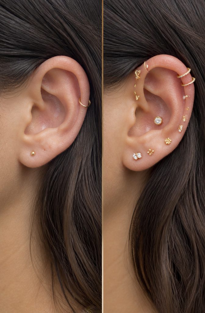 Ear Jewelry Mapping: A Plain Guide to Placement and Style 1 A photograph showing a broad ear with multiple jewelry placements.