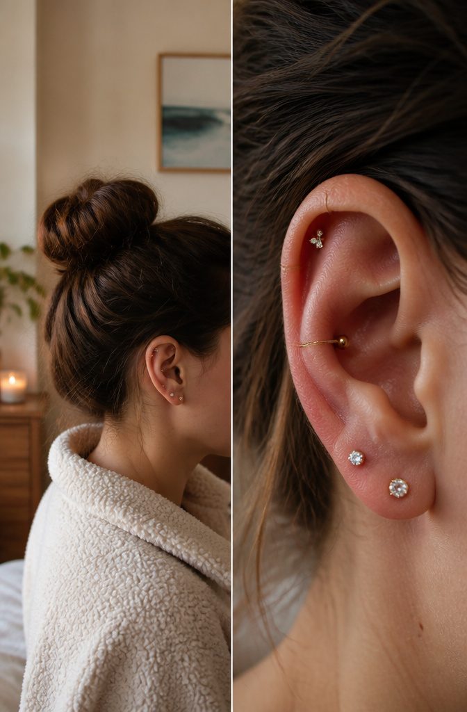 Ear Jewelry Mapping: A Plain Guide to Placement and Style 4 An ear with multiple piercings showing signs of healing.