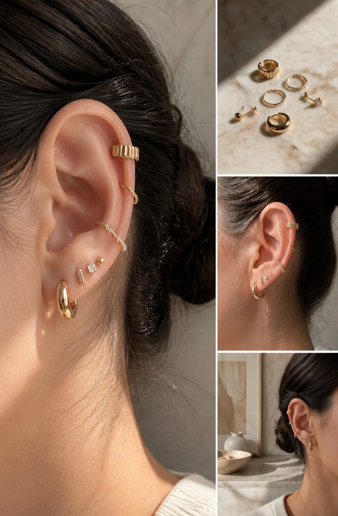 Ear Jewelry Mapping: A Plain Guide to Placement and Style 5 An ear displaying a diverse stack of earrings in various shapes.