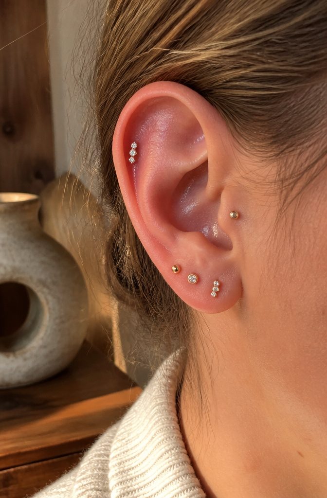 Ear Jewelry Mapping: A Plain Guide to Placement and Style 6 Close-up of studs and flat back earrings on an ear.