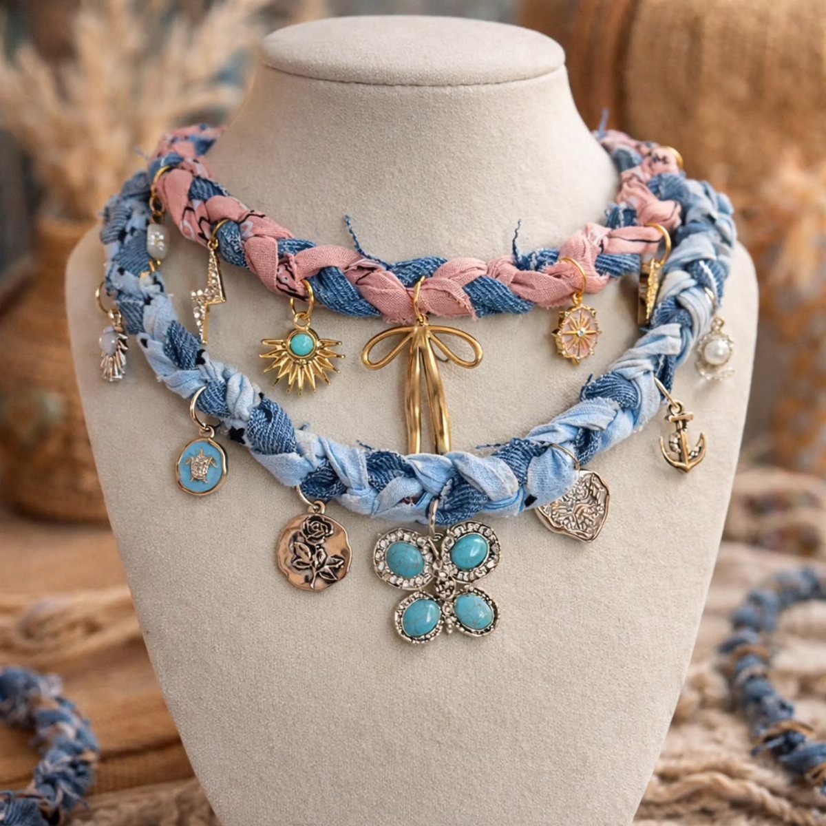 5 Fabric Jewellery Design Ideas for Necklaces, Bracelets and More 3 Braided blue and pink denim necklaces with gold charms on a mannequin bust