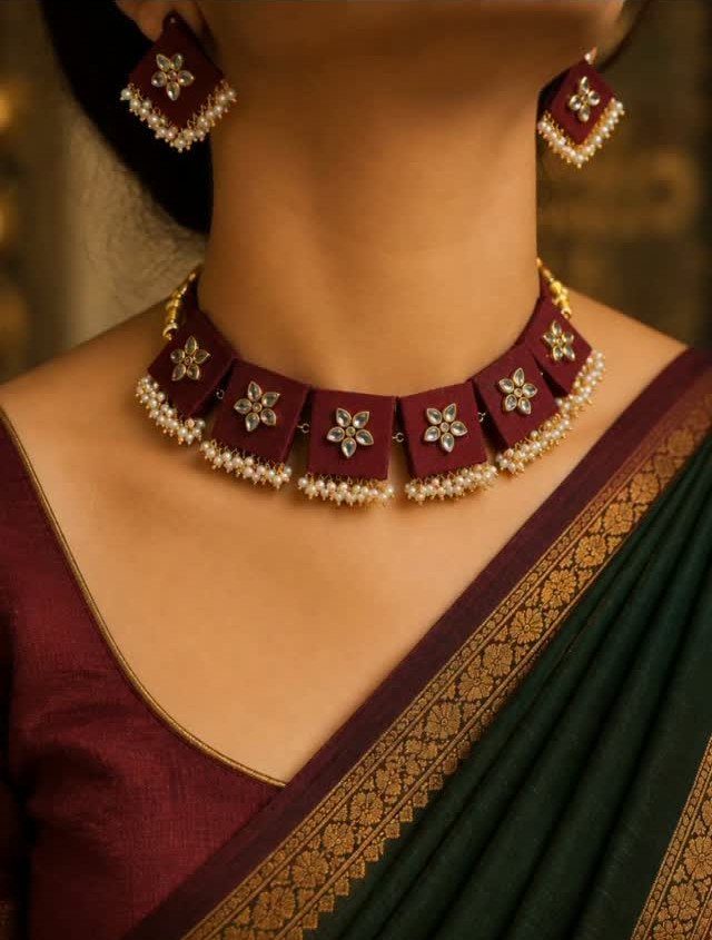 5 Fabric Jewellery Design Ideas for Necklaces, Bracelets and More 5 Maroon fabric necklace and earrings with pearls and crystals worn with a saree