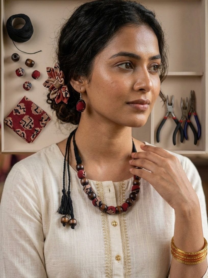 5 Fabric Jewellery Design Ideas for Necklaces, Bracelets and More 1 Woman wearing a handmade fabric bead necklace and matching fabric earrings and hair accessory.