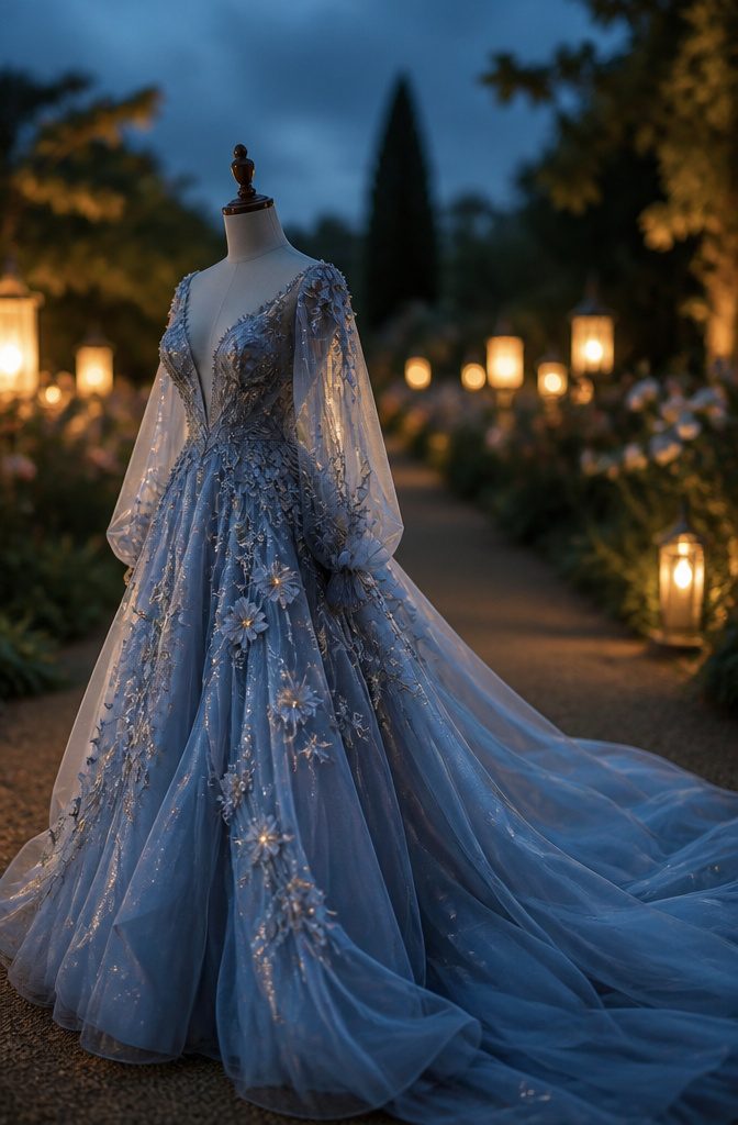 Fantasy Wedding Dresses: 8 Whimsical Styles for Dreamy Brides 4 Dress in blue-gray with sequins and floral appliqués.