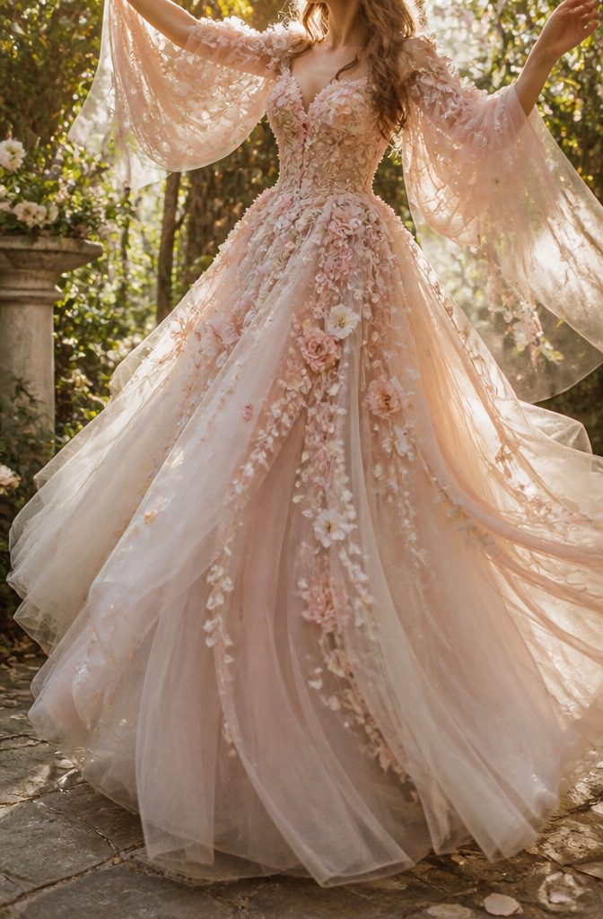 Fantasy Wedding Dresses: 8 Whimsical Styles for Dreamy Brides 1 Dress featuring floral appliqués and layered tulle skirt.