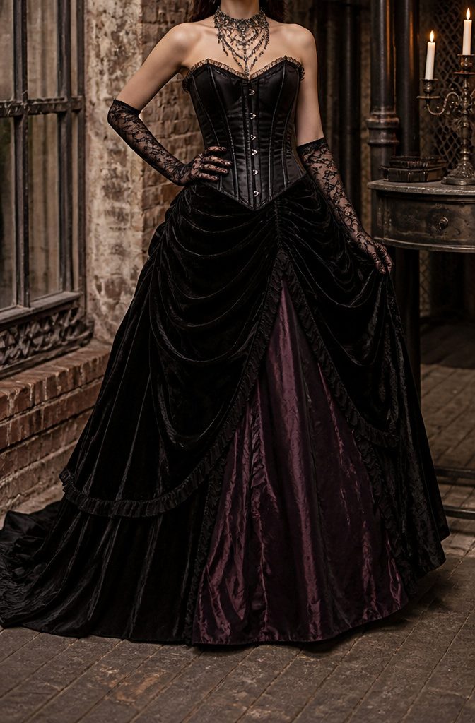 Fantasy Wedding Dresses: 8 Whimsical Styles for Dreamy Brides 6 Black velvet gown with steel boning and rich underskirt.