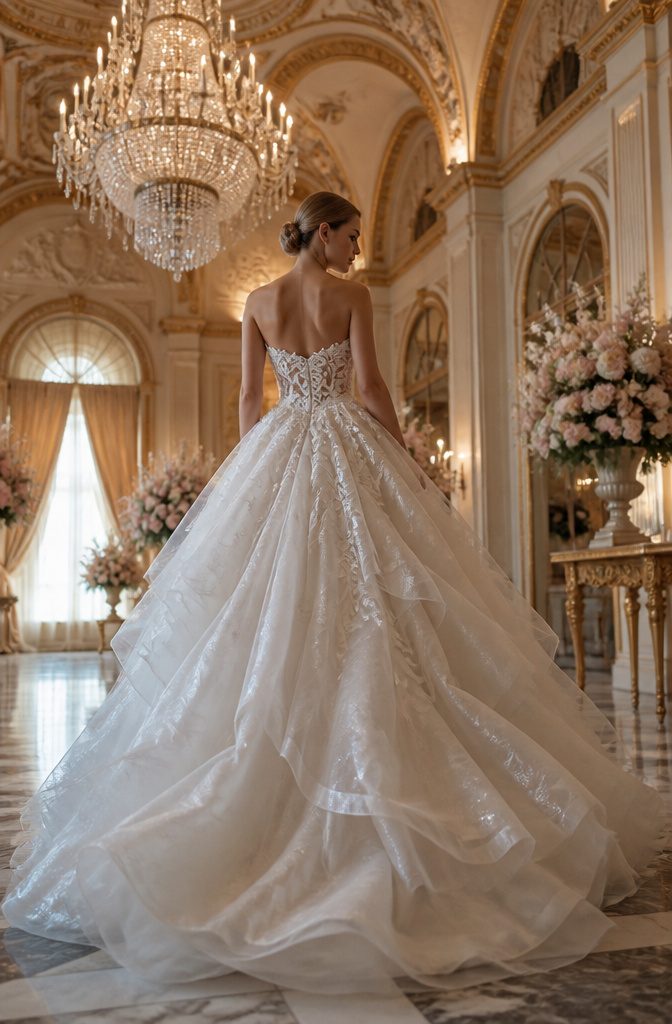 Fantasy Wedding Dresses: 8 Whimsical Styles for Dreamy Brides 3 Ballgown with tiered tulle skirt and leafy lace bodice.