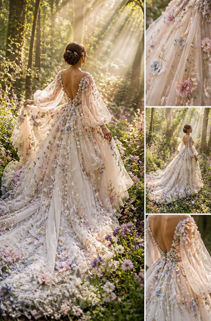 Fantasy Wedding Dresses: 8 Whimsical Styles for Dreamy Brides 9 Dress with floral appliqués and layered structure for movement.