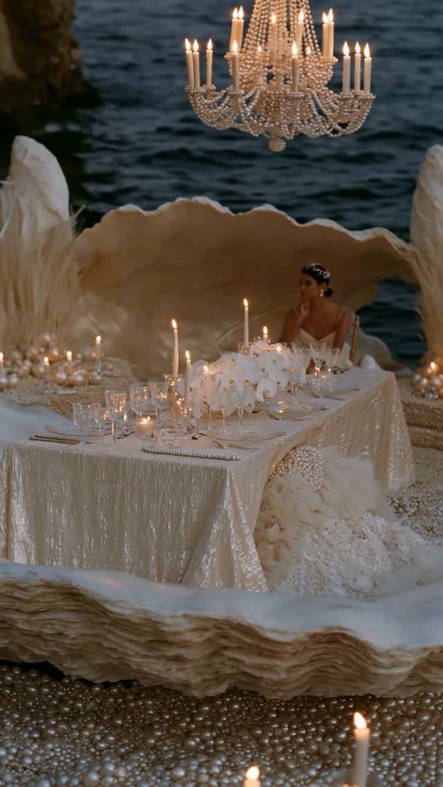 Woman in white gown at a candlelit table inside a giant seashell on beach