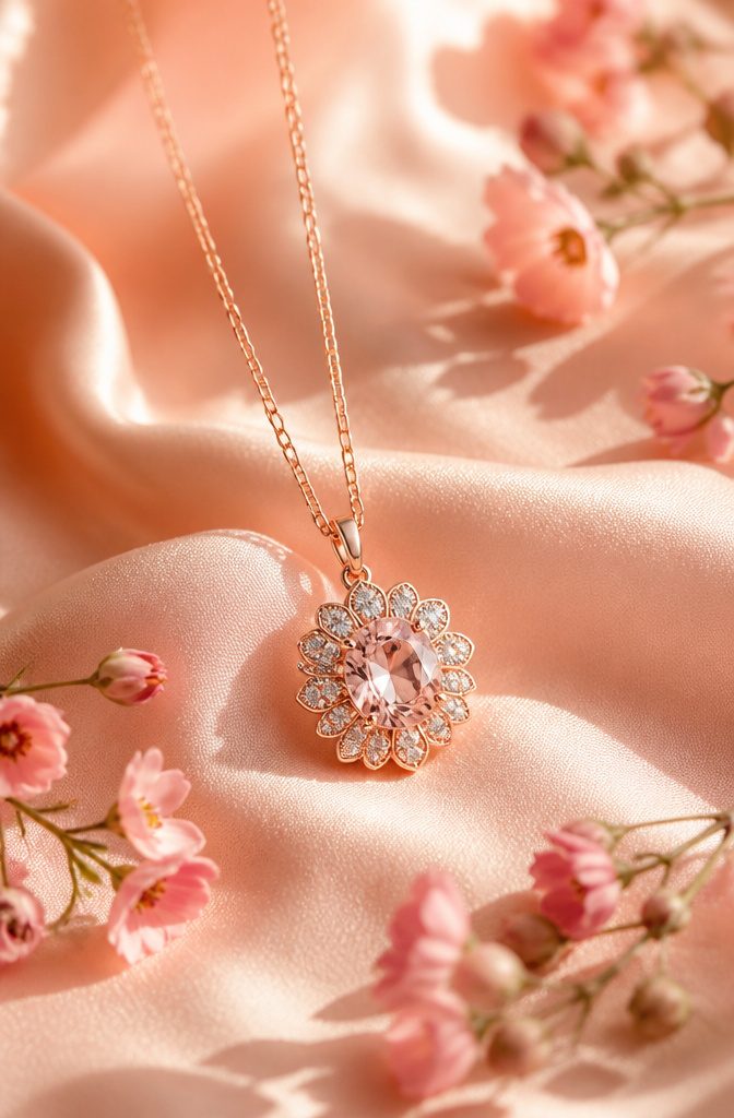 12 Gold Flower Pendant Necklace Styles in Ruby, Morganite, Garnet & More 2 1.11 carat morganite pendant in a rose gold flower setting.