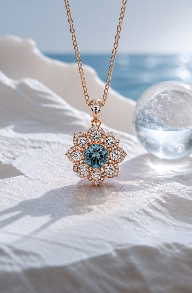 12 Gold Flower Pendant Necklace Styles in Ruby, Morganite, Garnet & More 10 1.27 carat blue diamond pendant in a rose flower halo.