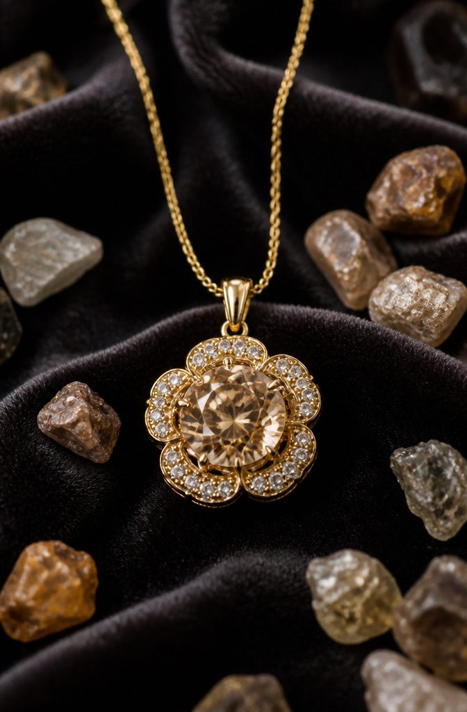 12 Gold Flower Pendant Necklace Styles in Ruby, Morganite, Garnet & More 7 1.27 carat champagne diamond pendant in a floral halo.