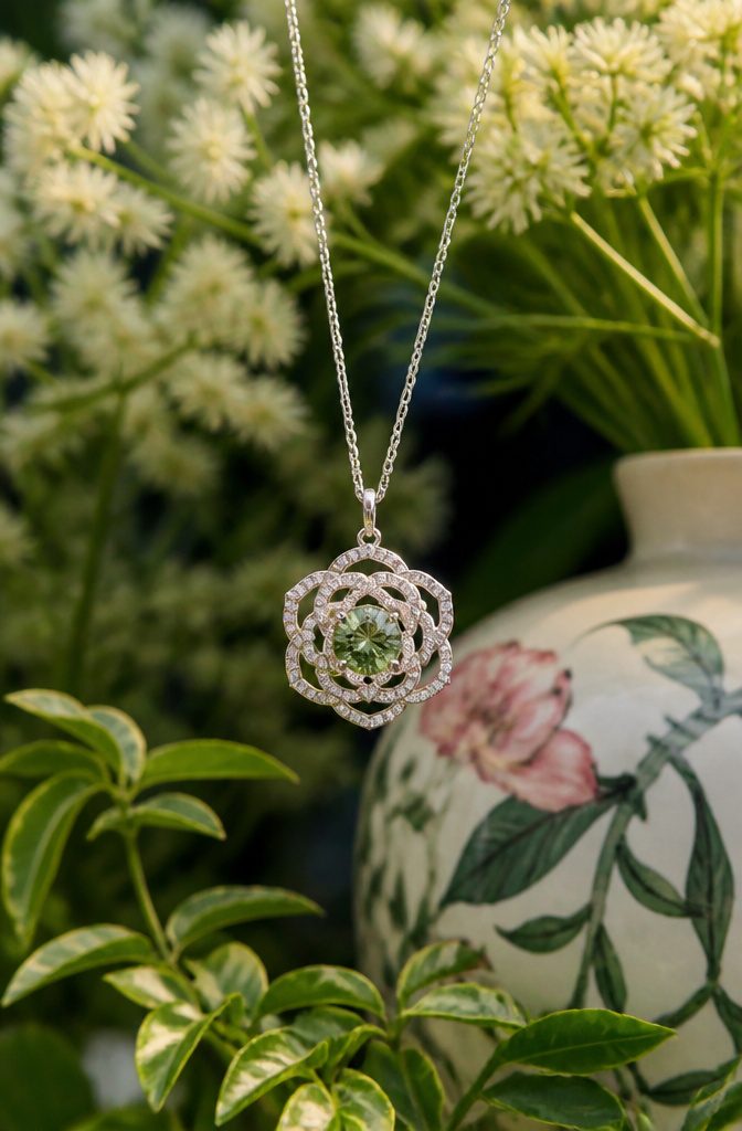 12 Gold Flower Pendant Necklace Styles in Ruby, Morganite, Garnet & More 11 1.27 carat green diamond pendant in a rose flower halo.