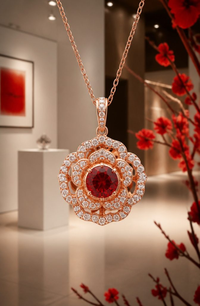 12 Gold Flower Pendant Necklace Styles in Ruby, Morganite, Garnet & More 9 1.27 carat red diamond pendant in a rose flower halo.