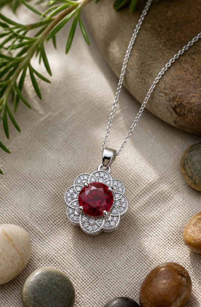 12 Gold Flower Pendant Necklace Styles in Ruby, Morganite, Garnet & More 1 1.27 carat ruby pendant with a diamond halo setting.