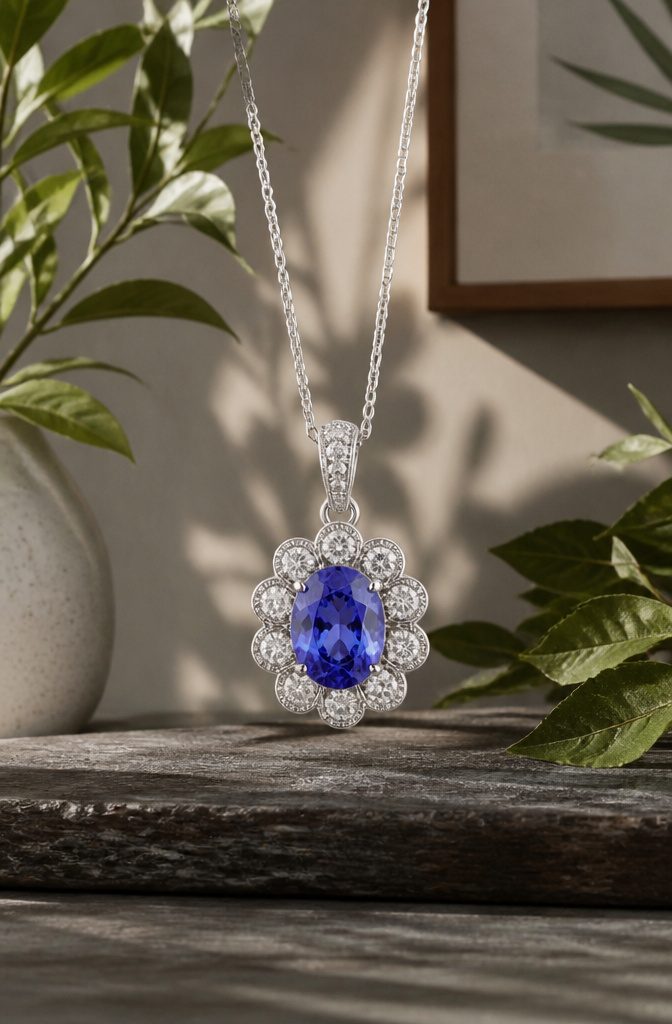 12 Gold Flower Pendant Necklace Styles in Ruby, Morganite, Garnet & More 6 1.27 carat tanzanite pendant in a rose flower halo.
