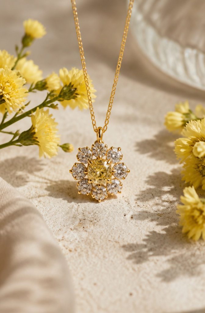 12 Gold Flower Pendant Necklace Styles in Ruby, Morganite, Garnet & More 8 1.27 carat yellow diamond pendant with a rose flower halo.
