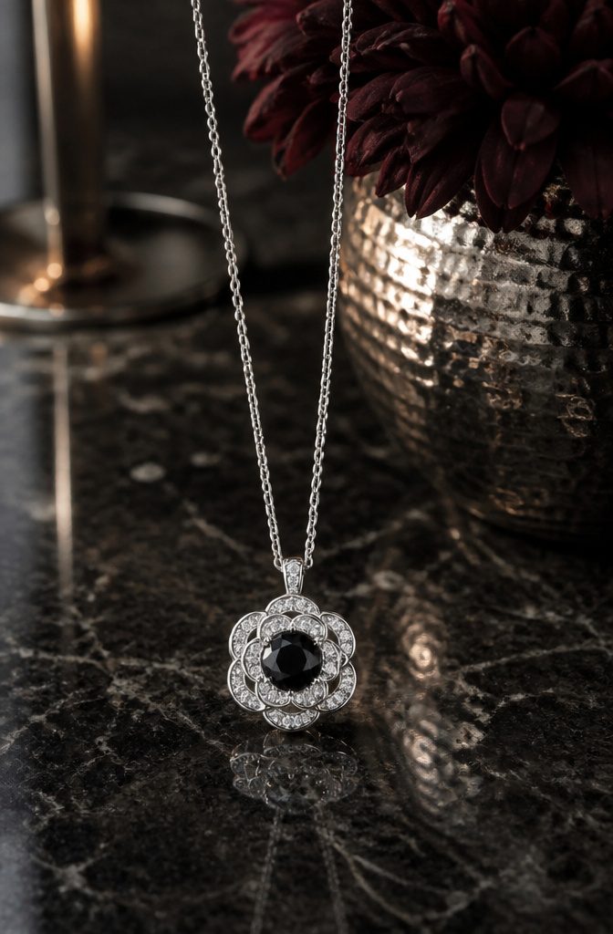 12 Gold Flower Pendant Necklace Styles in Ruby, Morganite, Garnet & More 12 1.36 carat black diamond pendant surrounded by a floral halo.