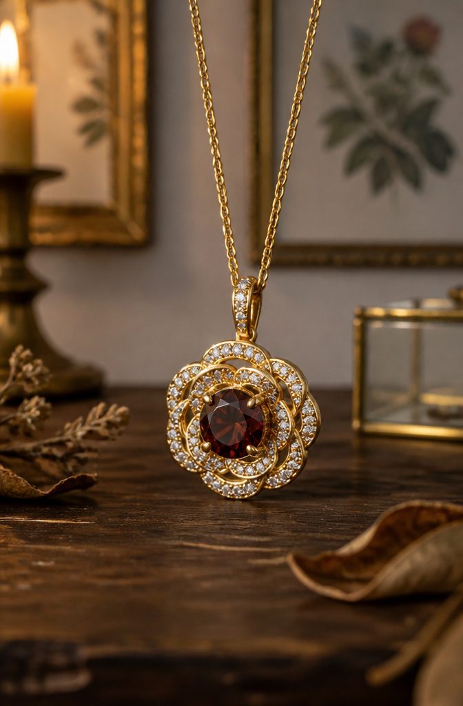 12 Gold Flower Pendant Necklace Styles in Ruby, Morganite, Garnet & More 3 1.41 carat garnet pendant surrounded by a diamond halo.