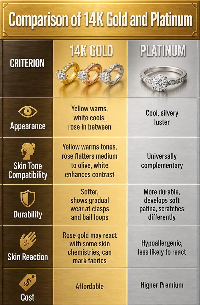 12 Gold Flower Pendant Necklace Styles in Ruby, Morganite, Garnet & More 13 Comparison image of 14K gold and platinum jewelry options.