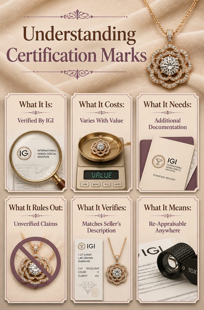 12 Gold Flower Pendant Necklace Styles in Ruby, Morganite, Garnet & More 15 Image explaining certification marks for jewelry.