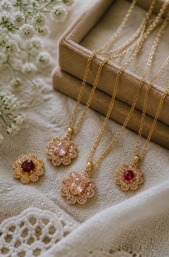 12 Gold Flower Pendant Necklace Styles in Ruby, Morganite, Garnet & More 14 Various gold flower pendant necklaces with halo settings.